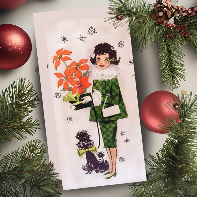 Tarjeta Festiva navidades de Poinsettia y Poodle Lady Personalizad (1950s Poinsettia And Poodle Lady Custom Christmas Holiday Card. Just add your name & special message)