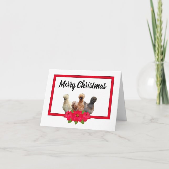 Tarjeta Festiva Navidades de pollo de Silkie Bantam Poinsetta RedF (Anverso)