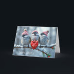Tarjeta Festiva Navidades De Pollos Con Corazón Rojo<br><div class="desc">Tres pollos esponjosos cada uno con un gorra de cuchillos rojo acogedor encaramado en una rama nevada con un corazón rojo. Se puede cambiar todo el texto.</div>