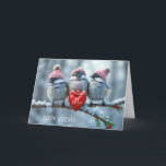 Tarjeta Festiva Navidades De Pollos Con Corazón Rojo<br><div class="desc">Tres pollos esponjosos cada uno con un gorra de cuchillos rojo acogedor encaramado en una rama nevada con un corazón rojo. Se puede cambiar todo el texto.</div>