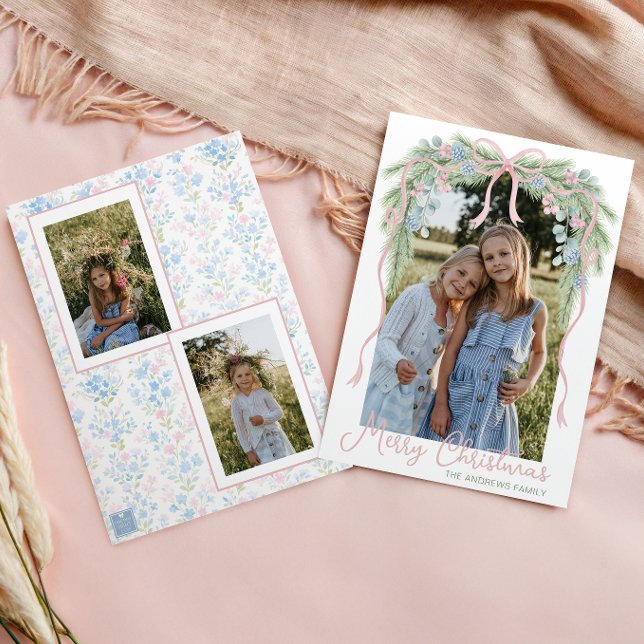 Tarjeta Festiva Navidades de Preppy Grandmillennial Bow Swag Photo (Subido por el creador)