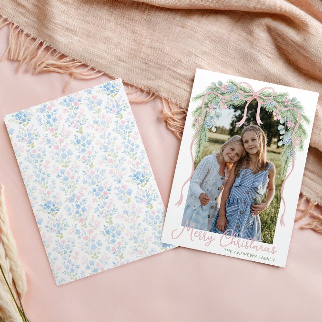 Tarjeta Festiva Navidades de Preppy Grandmillennial Bow Swag Photo (Subido por el creador)