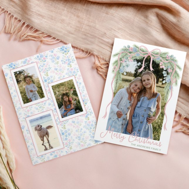 Tarjeta Festiva Navidades de Preppy Grandmillennial Bow Swag Photo (Subido por el creador)