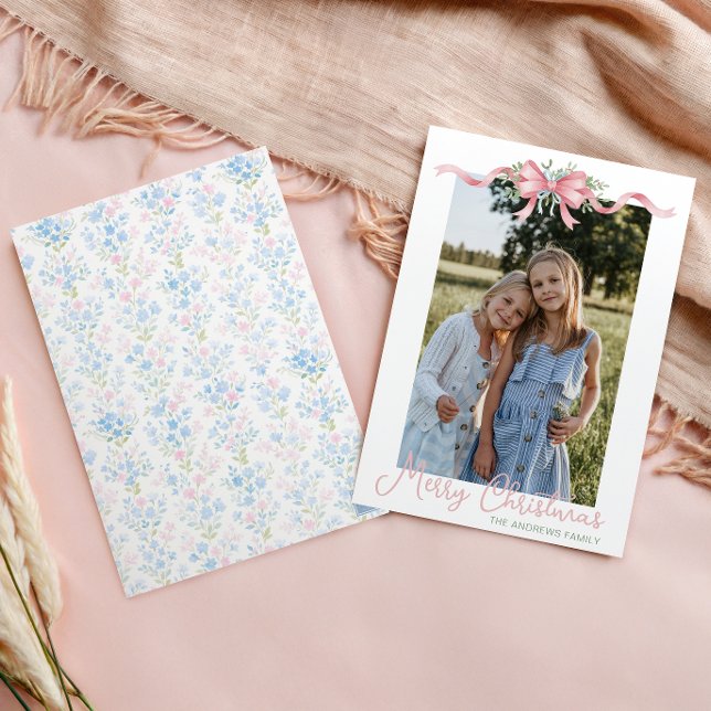 Tarjeta Festiva Navidades de Preppy Grandmillennial Bow Swag Photo (Subido por el creador)