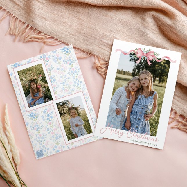 Tarjeta Festiva Navidades de Preppy Grandmillennial Bow Swag Photo (Subido por el creador)