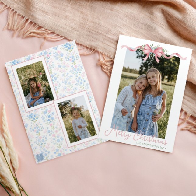 Tarjeta Festiva Navidades de Preppy Grandmillennial Bow Swag Photo (Subido por el creador)