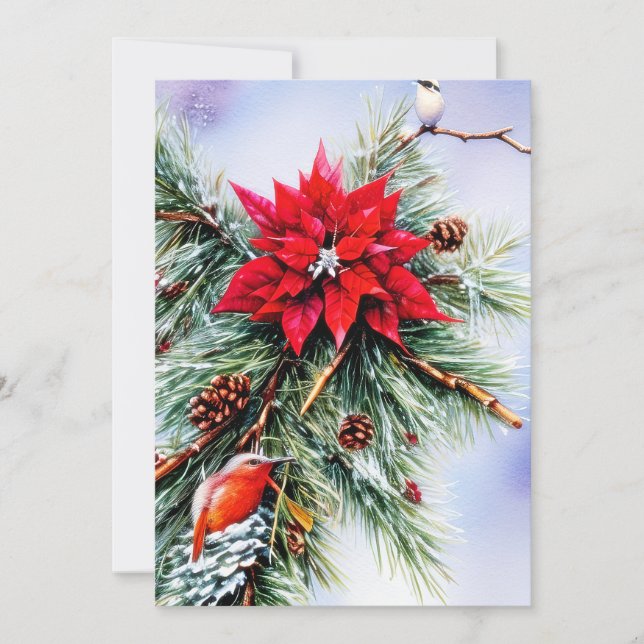 Tarjeta Festiva Navidades de presupuesto de Poinsettia y Pino (Anverso)