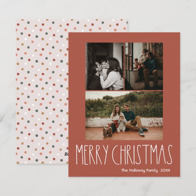 Tarjeta Festiva Navidades de Punto de Polka Boho Rojo Vertical 3 F (Anverso / Reverso)