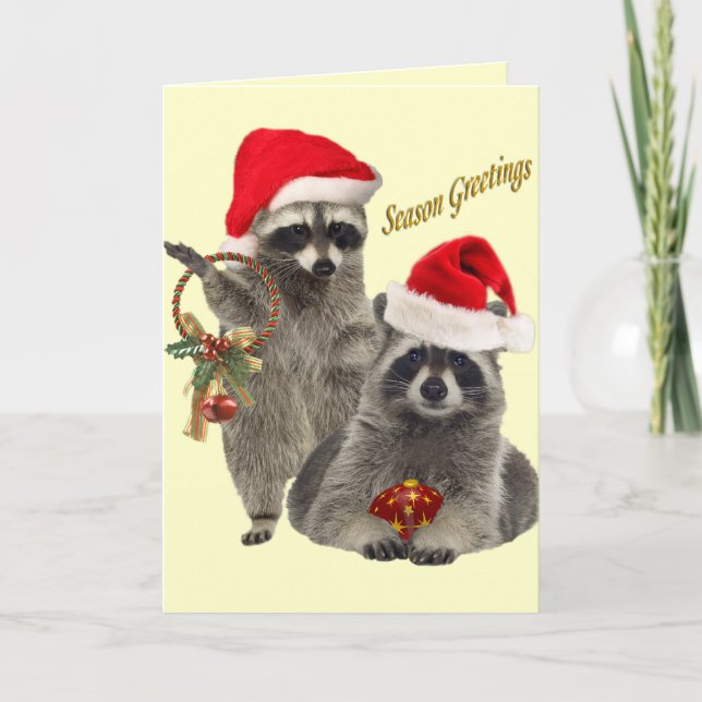 Tarjeta Festiva Navidades De Raccoon En Momento De Diversión (Anverso)