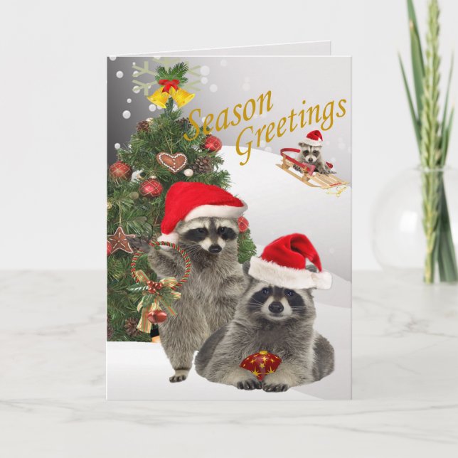 Tarjeta Festiva Navidades De Raccoon En Momento De Diversión (Anverso)