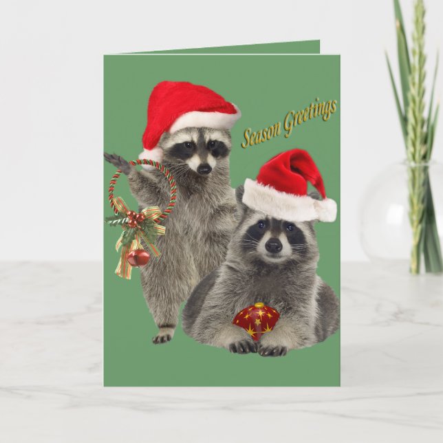 Tarjeta Festiva Navidades De Raccoon En Momento De Diversión (Anverso)