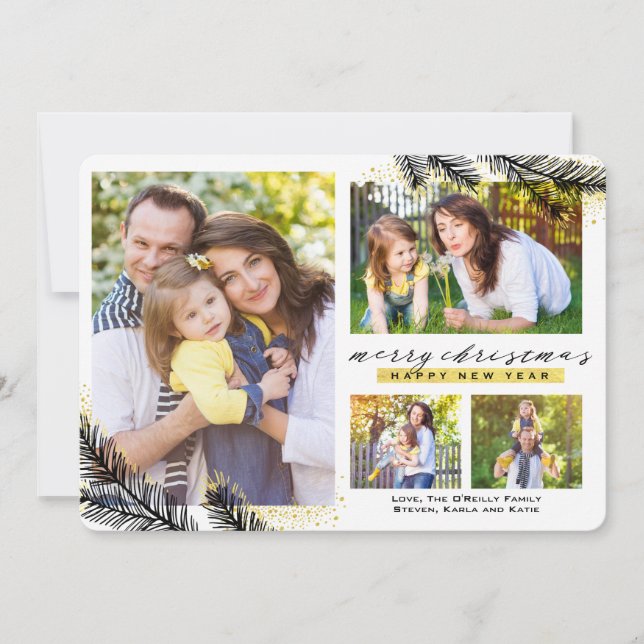 Tarjeta Festiva Navidades de ramas de pino despojadas de oro | (Anverso)