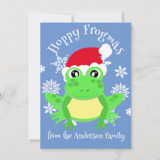 Tarjeta Festiva Navidades de rana verde lindo Santa Hat Personaliz