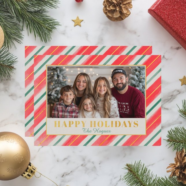 Tarjeta Festiva Navidades de rayas rojas (red, green and gold striped christmas greeting card)