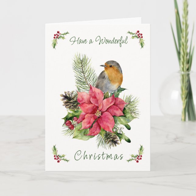 Tarjeta Festiva Navidades de Red Robin Poinsettia Pine Holly (Anverso)