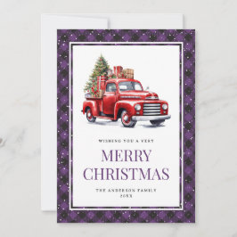 Tarjeta Festiva Navidades de Red Truck Purple Buffalo Plaid
