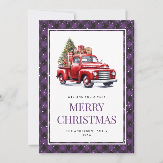 Tarjeta Festiva Navidades de Red Truck Purple Buffalo Plaid (Anverso)