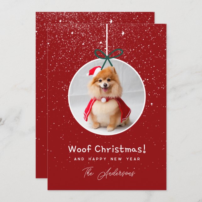 Tarjeta Festiva Navidades de Red Woof Dog Photo Snow (Anverso / Reverso)
