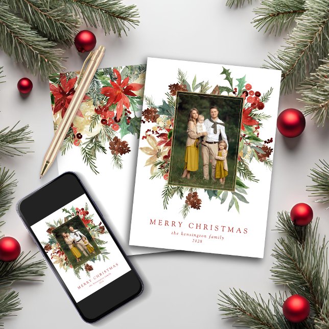 Tarjeta Festiva Navidades de Relieve metalizado dorado acuático de (Watercolor Winter Floral Gold Foil Christmas Photo Holiday Card)