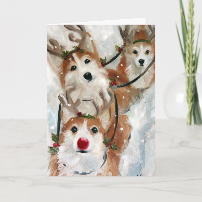 Tarjeta Festiva Navidades de reno de Pembroke Welsh Corgi (Anverso)
