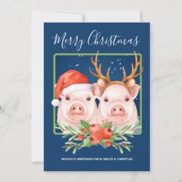 Tarjeta Festiva Navidades de reno de Santa Cura Pareja de Cerdo