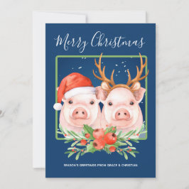 Tarjeta Festiva Navidades de reno de Santa Cura Pareja de Cerdo