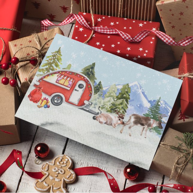 Tarjeta Festiva Navidades de renos de camper en invierno de vacaci (Subido por el creador)