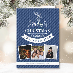Tarjeta Festiva Navidades de renos de la familia Classic Blue 3 Ph