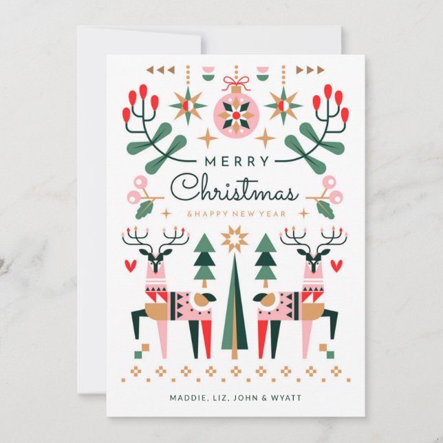 Tarjeta Festiva Navidades de renos geométricos (Anverso)