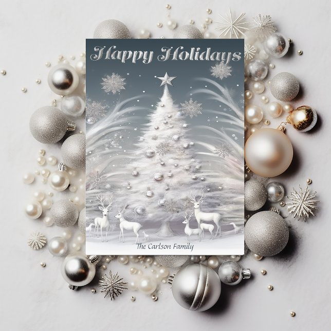 Tarjeta Festiva Navidades de renos y árboles con escarcha de plata (Enchanting Silver Frosted Trees and Reindeer Holiday Christmas Card)