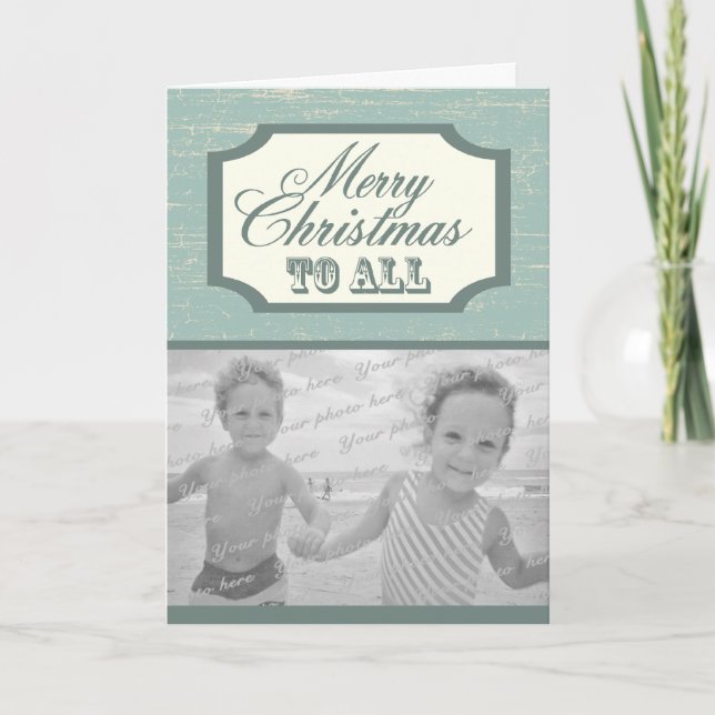 Tarjeta Festiva Navidades de Rótulo de madera de época con foto (Anverso)