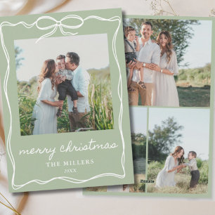 Tarjeta Festiva Navidades de Sage Green Rustic Bow 4 Photo Family