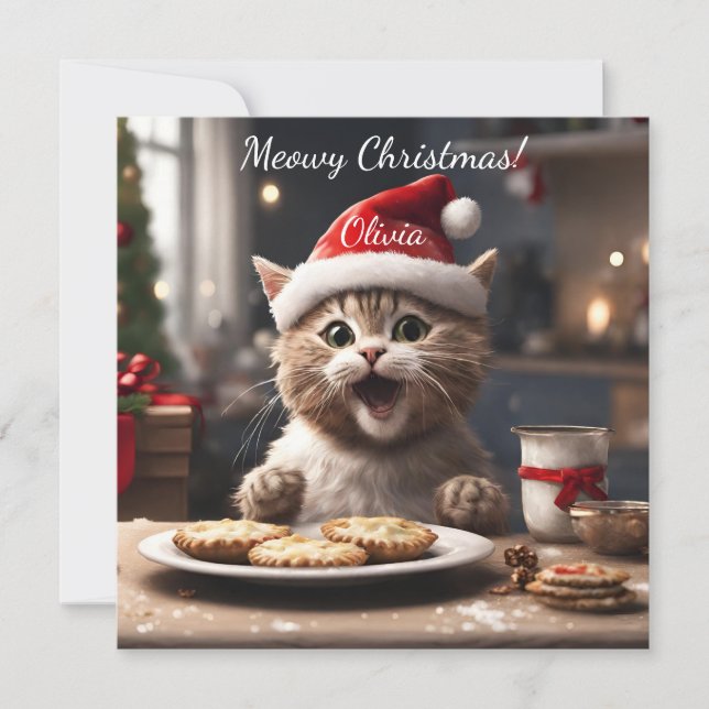 Tarjeta Festiva Navidades de Santa Cat graciosos de Cute Kitten (Anverso)