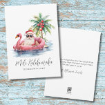 Tarjeta Festiva Navidades de Santa Claus Tropical Mele Kalikimaka<br><div class="desc">Sumérjase en el espíritu de las vacaciones con esta tarjeta de Navidades única que incluye un Santa Claus relajado con gafas de sol en un flamenco rosa flotando en el océano. Perfecto para enviar deseos de vacaciones en la playa, esta tarjeta es ideal para cualquiera que viva en lugares tropicales...</div>