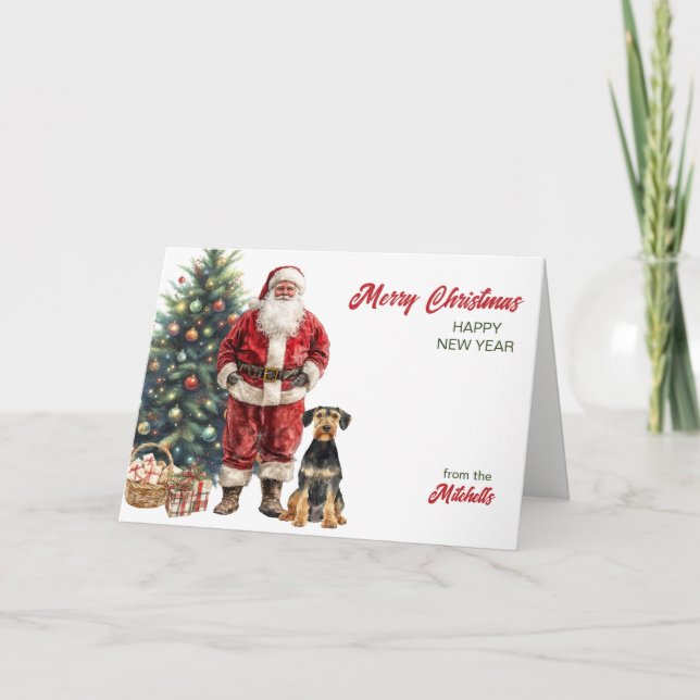 Tarjeta Festiva Navidades de Santa Claus y Airedale Terrier Dog (Anverso)