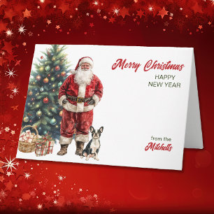 Tarjeta Festiva Navidades de Santa Claus y Boston Terrier Dog