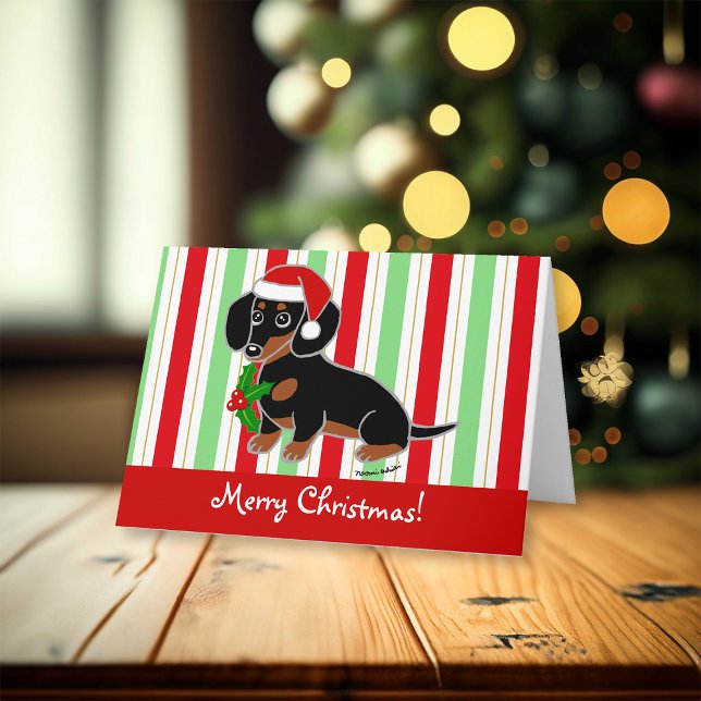 Tarjeta Festiva Navidades de Santa Dachshund en negro y tan (Black and Tan Smooth Haired Dachshund Santa Christmas Cards for Dachshund Owners.  Cartoon Design.)