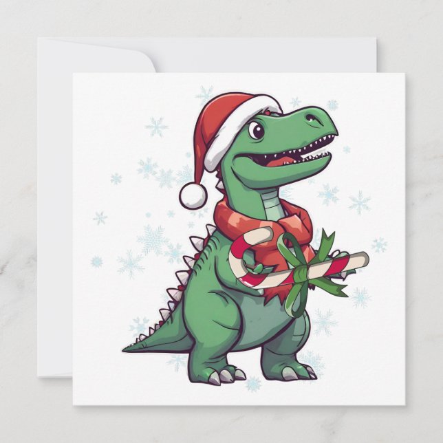 Tarjeta Festiva Navidades de Santa Dinosauria con Candy Cane (Anverso)