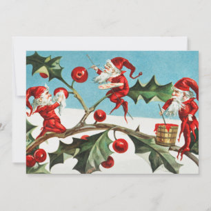 Tarjeta Festiva Navidades de Santa Elves pintando bayas en hojas