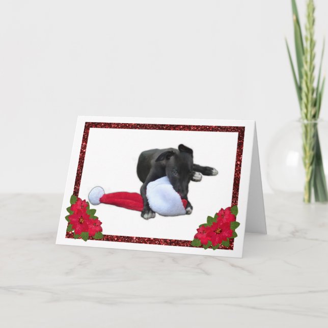 Tarjeta Festiva Navidades de Santa Hat con una cachorro de Greyhou (Anverso)