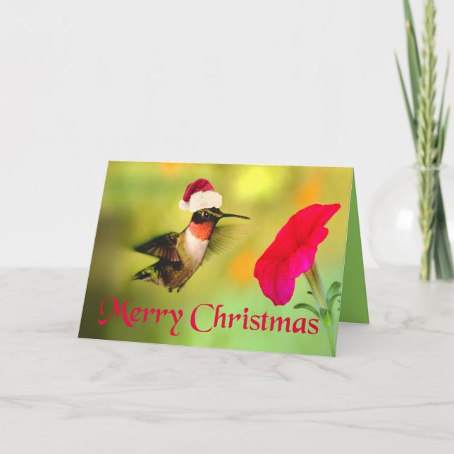 Tarjeta Festiva Navidades de Santa Hat Hummingbird (Anverso)