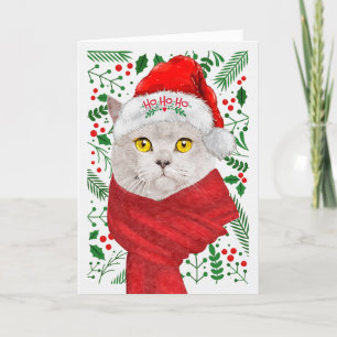 Tarjeta Festiva Navidades de Santa Hat Meowy, gato británico de Sh