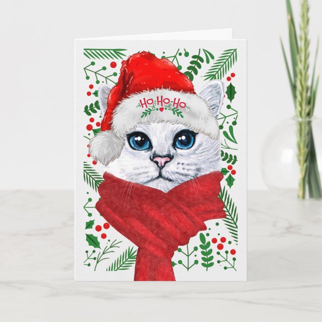Tarjeta Festiva Navidades de Santa Hat Meowy, gato forestal norueg (Anverso)