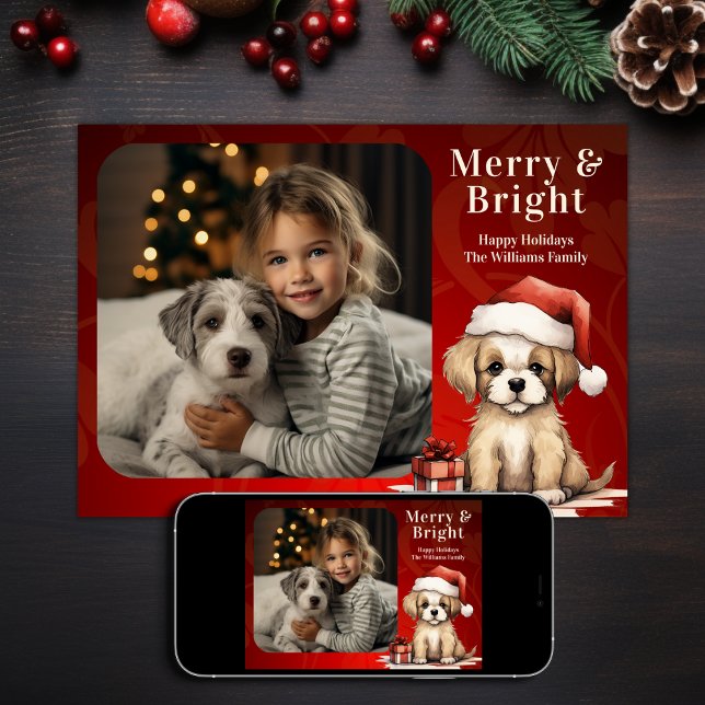 Tarjeta Festiva Navidades de Santa Puppy Merry y Bright Photo Dog (Printed and Digital - Santa Puppy Merry and Bright Photo Dog Christmas Holiday Card)