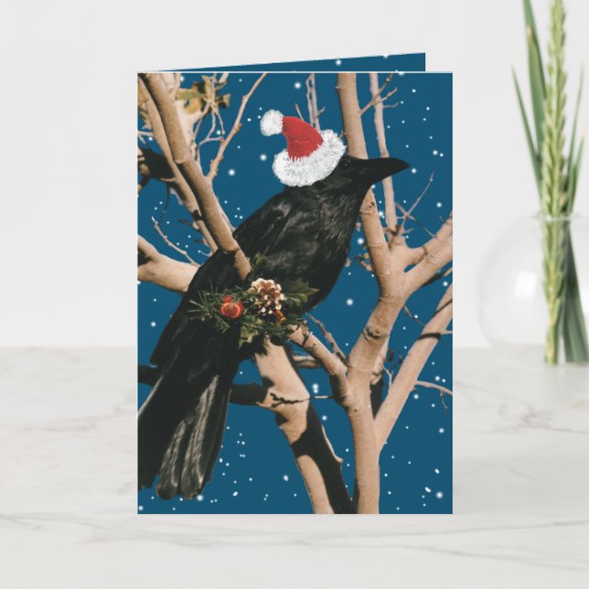 Tarjeta Festiva Navidades de Santa Raven Fiesta de Aves Naturales (Anverso)