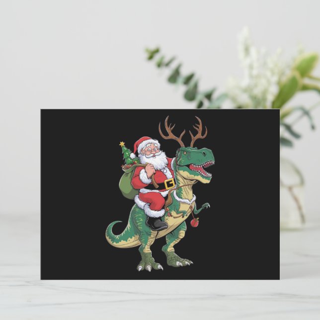 Tarjeta Festiva Navidades de Santa Riding Dinosaur T-Rex Escuadrón (Anverso de pie)