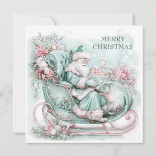 Tarjeta Festiva Navidades de Santa Sleigh azul Verde azulado rosa