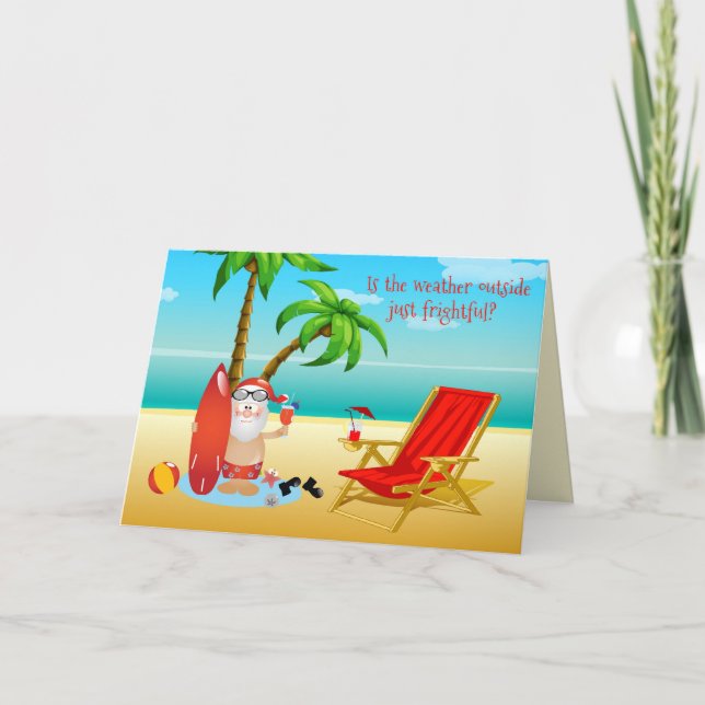 Tarjeta Festiva Navidades de Santa Tropical saludando (Anverso)