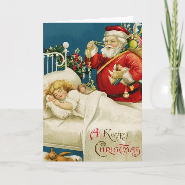 Tarjeta Festiva Navidades de Santa y Pequeña Chica durmiente (Anverso)