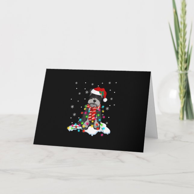 Tarjeta Festiva navidades de schnauzer adorables luces con sombrer (Anverso)